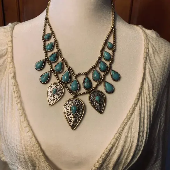 lucky brand gold tone turquoise two-row tear drop necklace - Picture 5 of 8